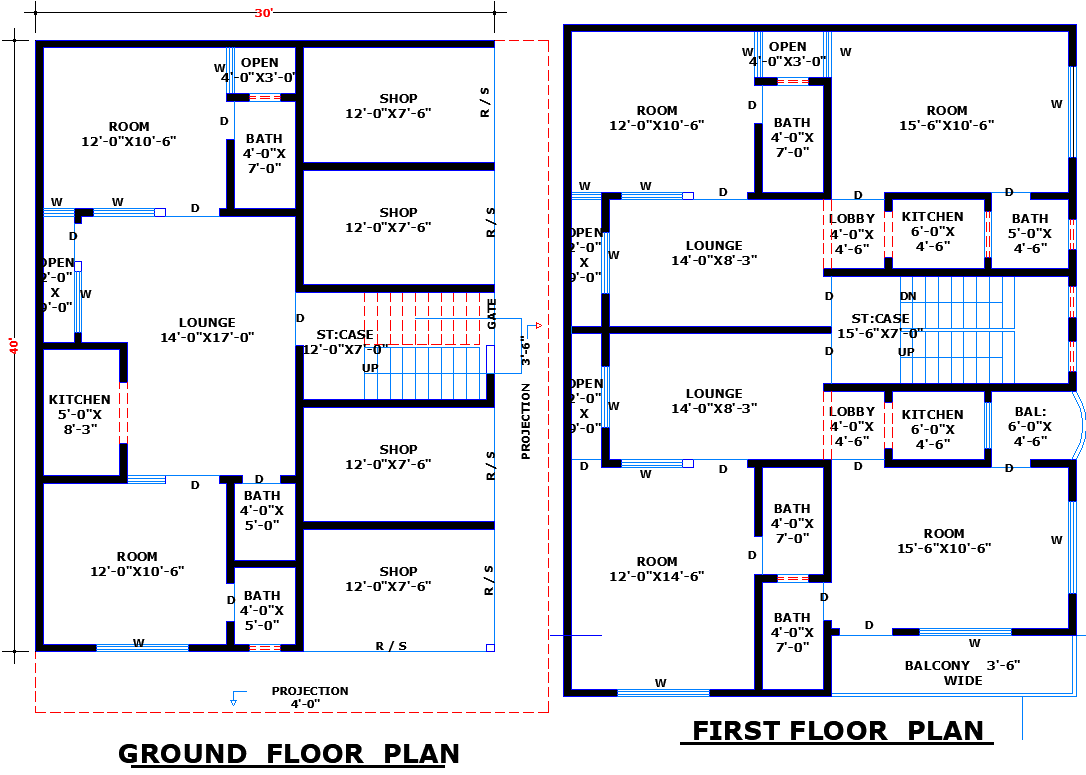30x40 Commercial Residential House Plan in AutoCAD DWG File