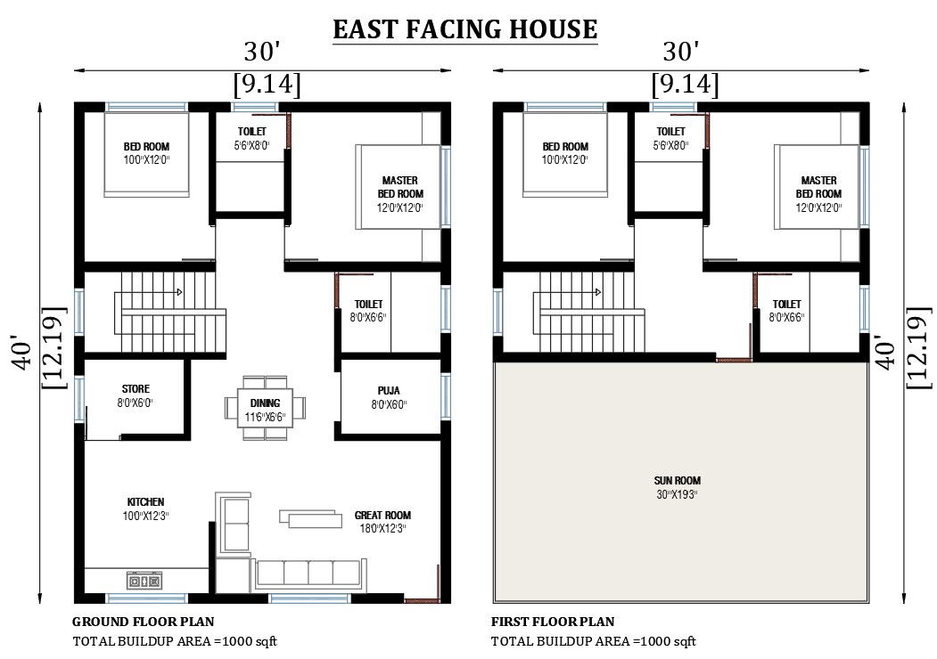 30'x40' East facing house plan as per Vastu shastra 2D Autocad drawing file