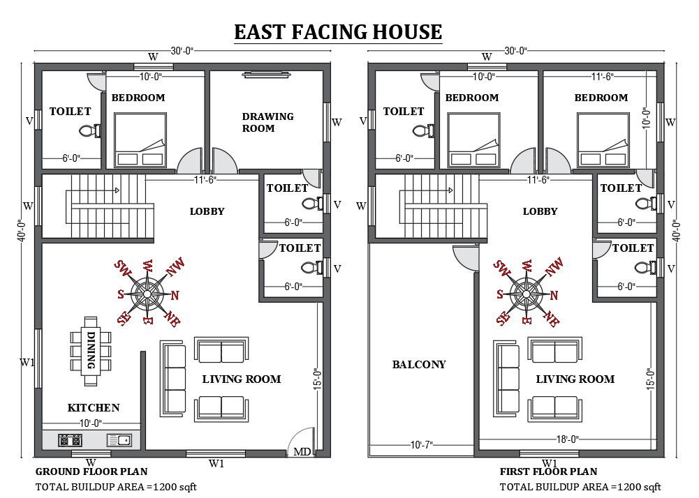 30’x40’ East facing house plan as per vastu shastra is given in this FREE 2D Autocad drawing file. Download now.