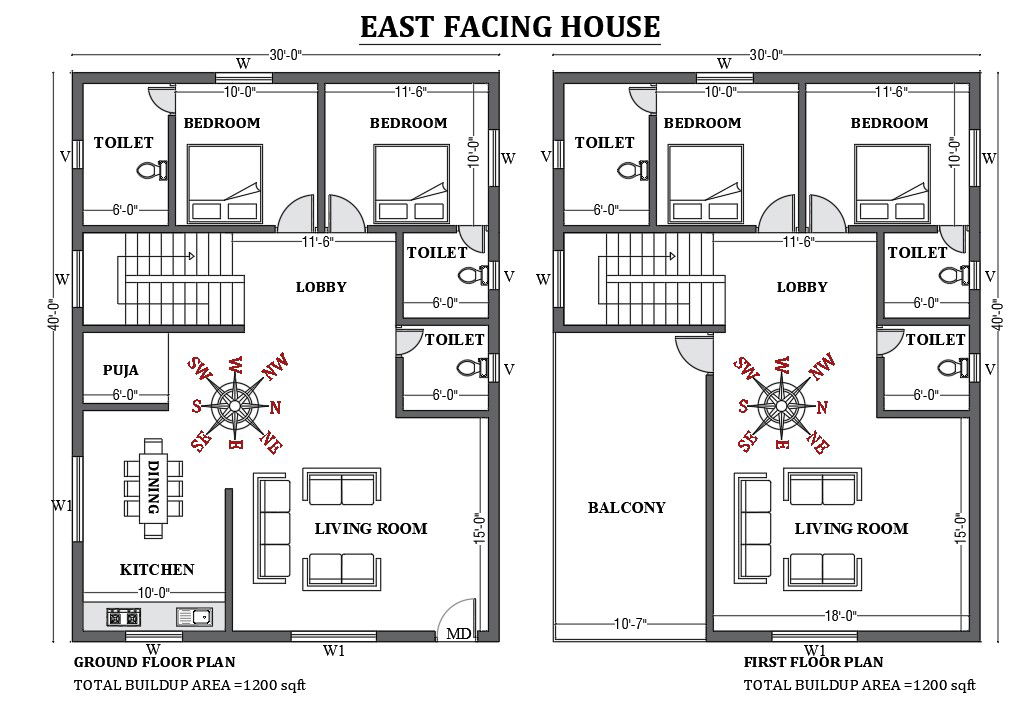 30’x40’ East facing house plan design as per vastu shastra is given in this FREE 2D Autocad drawing file. Download now.