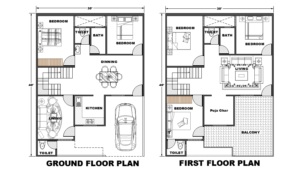 30’x40’ East facing house plan is given as per vastu shastra in this Autocad drawing file. Download the 2D Autocad drawing file.
