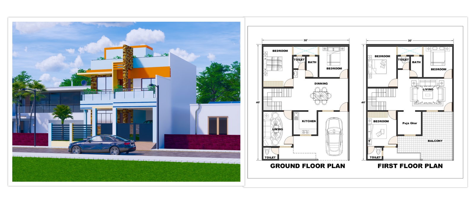 30’x40’ G+1 furniture house plan with superb 3d Elevation. Download the free Autocad and Revit drawing file.