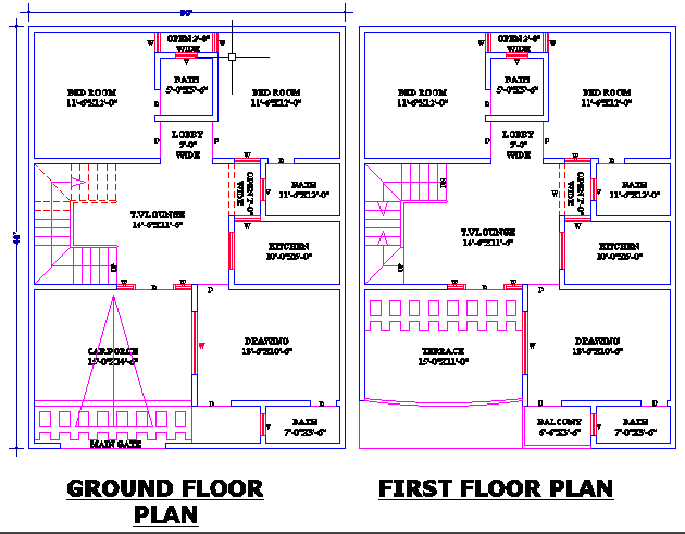 30x40 feet 4 BHK house plan with six bathroom layout