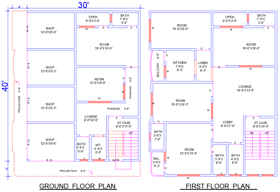 30x40 House Layout CAD File with Six Bedrooms Shops and Balconies