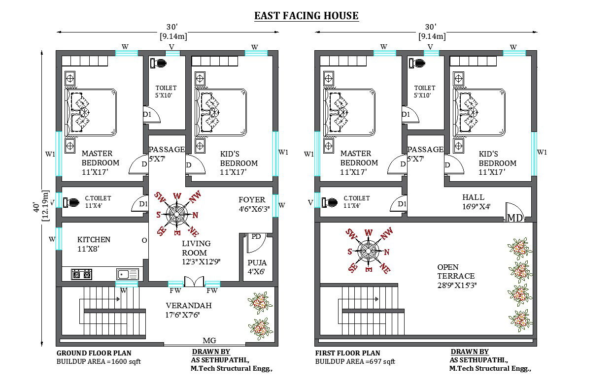 30’x40’ Splendid East facing G+1 house design as per vastu shastra. Download free 2D cad file now.