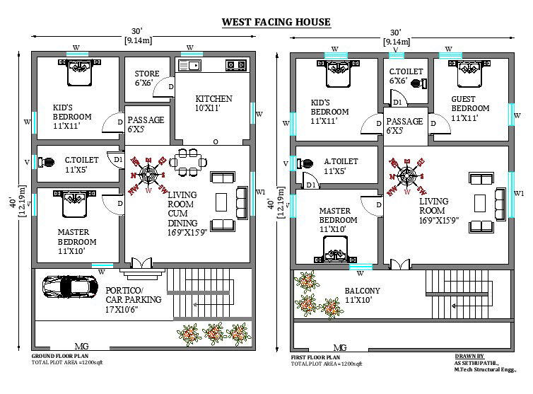 30’x40' West facing house plan as per vastu shastra.Download now.