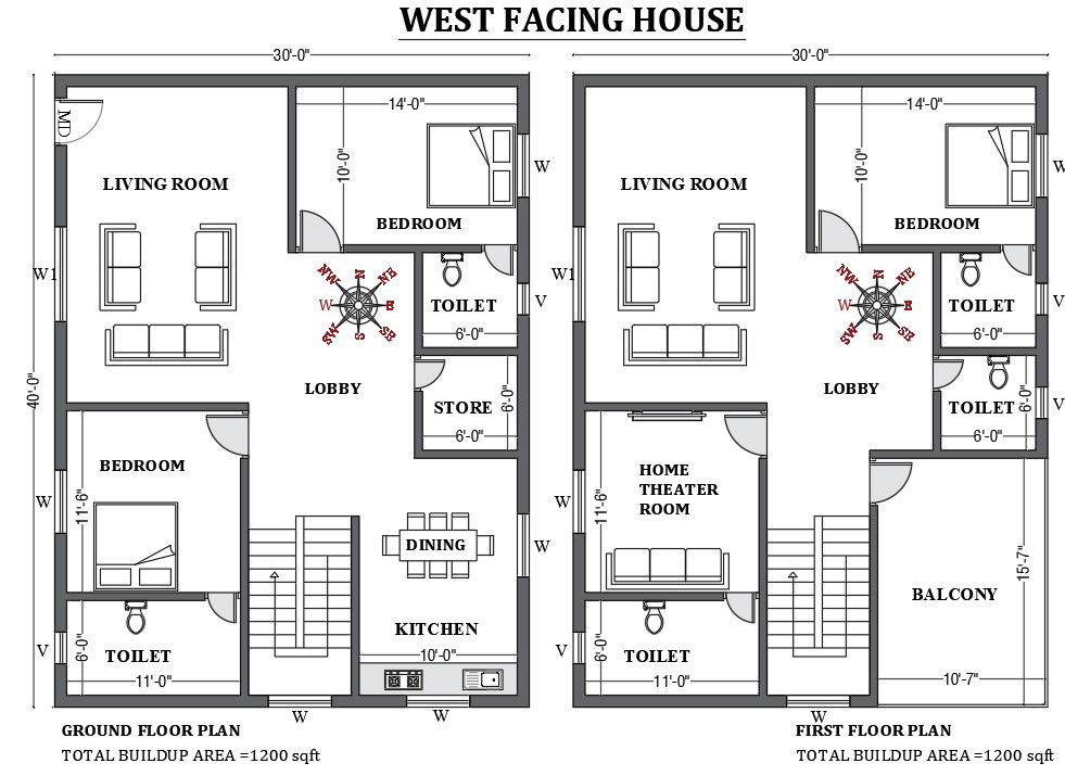 30’x40' West facing house plan as per vastu shastra is given in this FREE 2D Autocad drawing file. Download now.