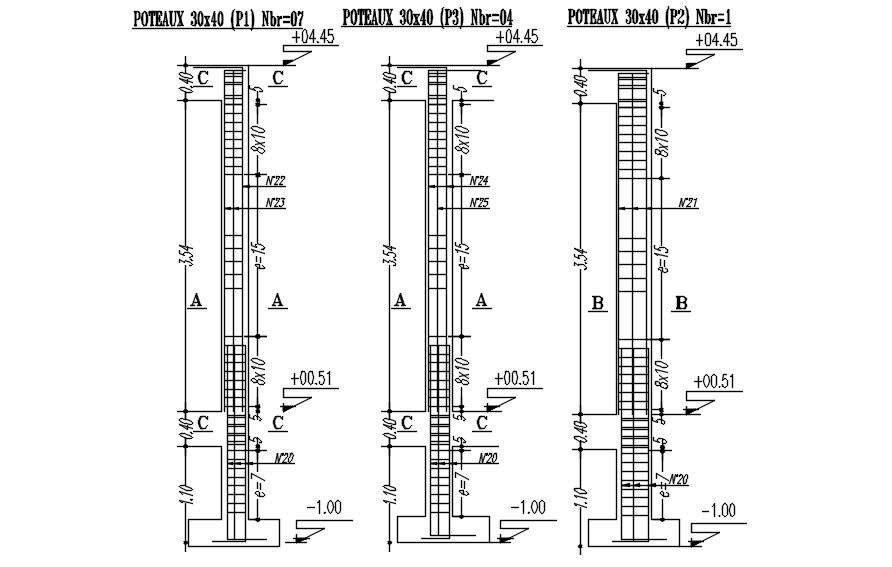 30x40cm sized column design with reinforcement details in AutoCAD 2D drawing, CAD file, dwg file