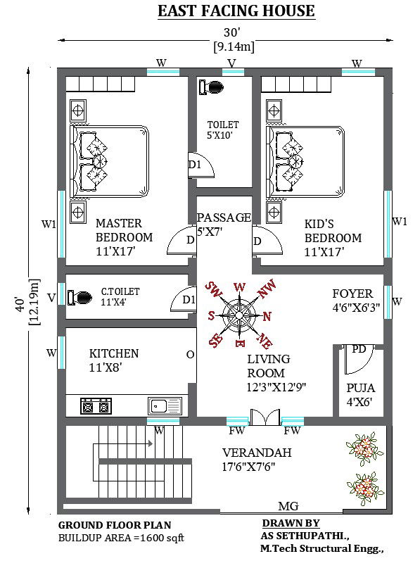 30 x40 east facing 2bhk home design cad drawing file free. Download free now.