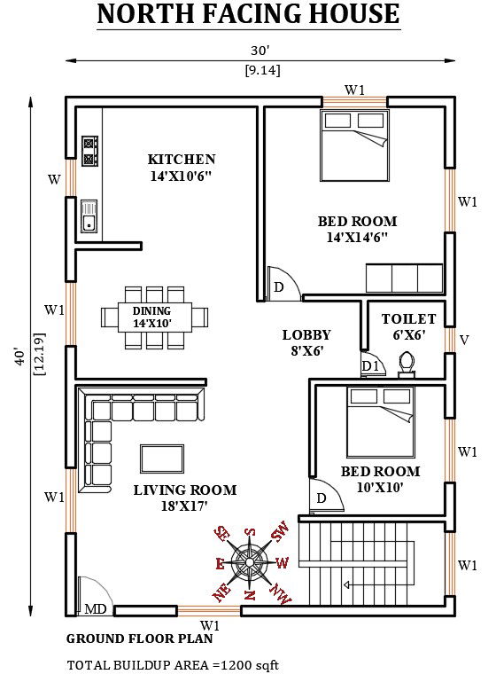 30’x40’ north facing house plan is given in this Autocad drawing file. Download now.