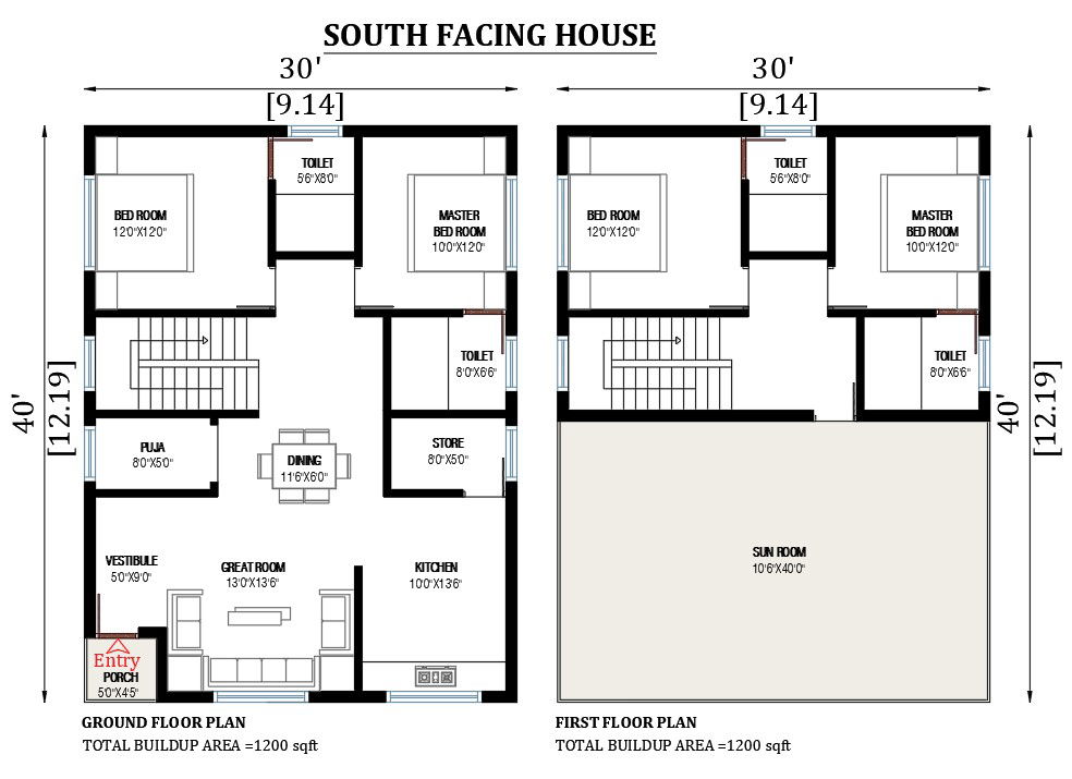 30'x40' south facing house plan as per Vastu shastra is given in this 2D Auto cad drawing file. Download the AutoCAD drawing file.