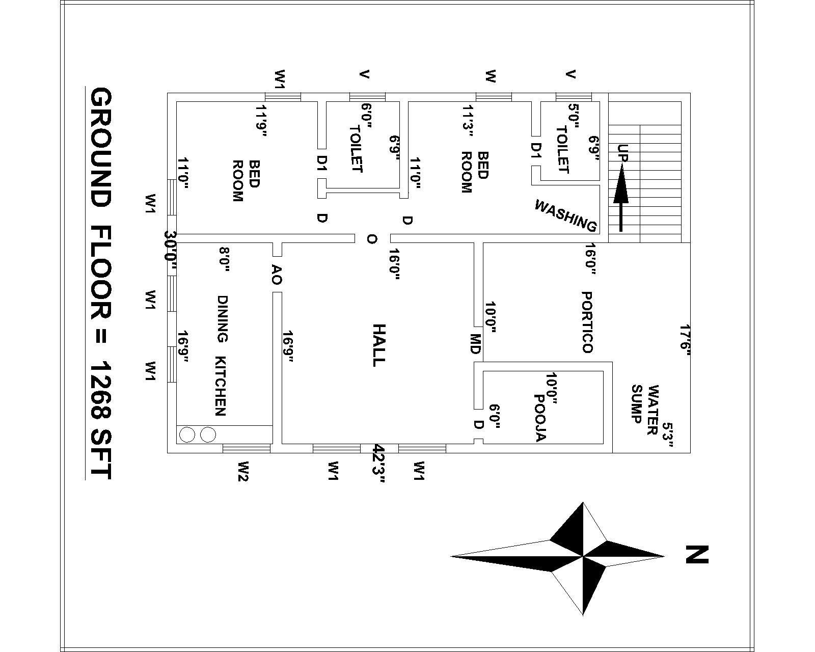 30’x42’3" North Facing 2 BHK House Plan Vastu Shastra CAD drawing