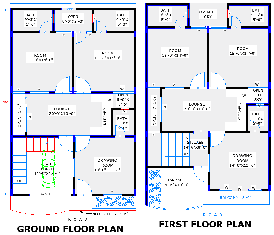 30x45 Two-Story House Plan in AutoCAD DWG File Layout