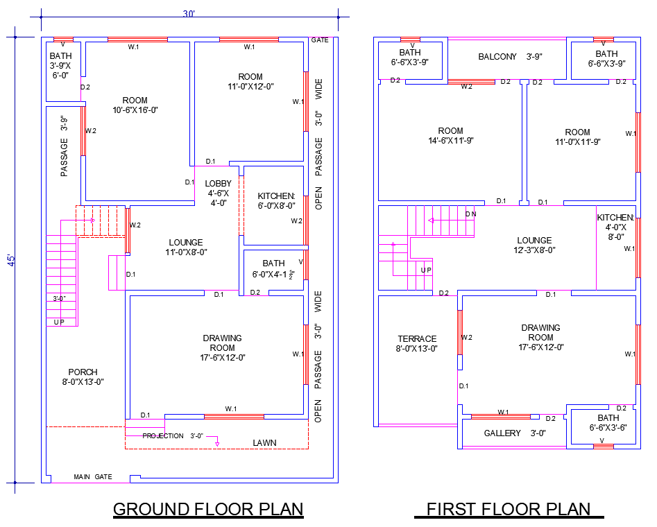 30'x45' House Plan DWG with 4 Bedrooms and 5 Baths Terrace