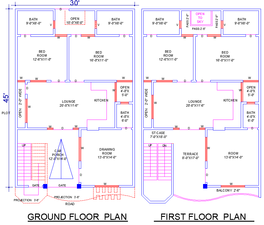 30x45 Residential House Plan with 5 Bedrooms and Parking DWG File