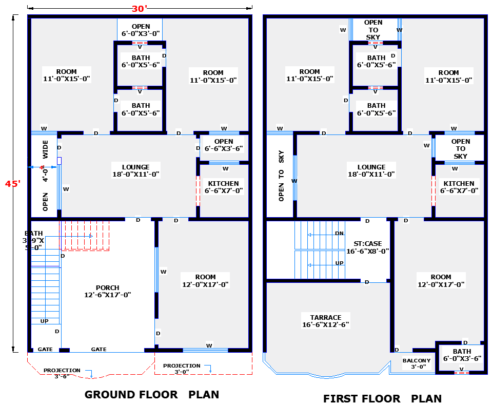 Modern 30x45 Two-Storey House plan in CAD Drawing File