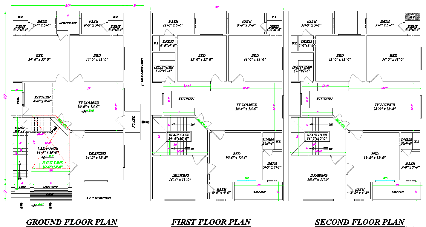 30x45 Modern 3-Story House Plan with Car Porch in CAD File
