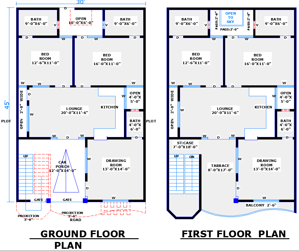 30x45 Two-Storey Residential House Plan in CAD DWG File