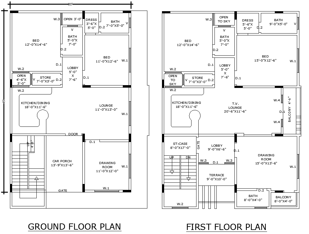 AutoCAD Drawing of 30x45 Two-Story Residential House Plan
