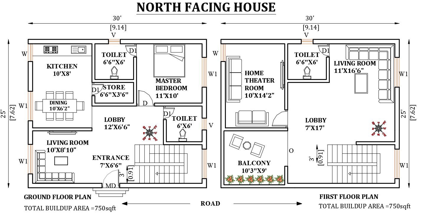 North Facing 30x45 House Plan with AutoCAD Drawing File Layout