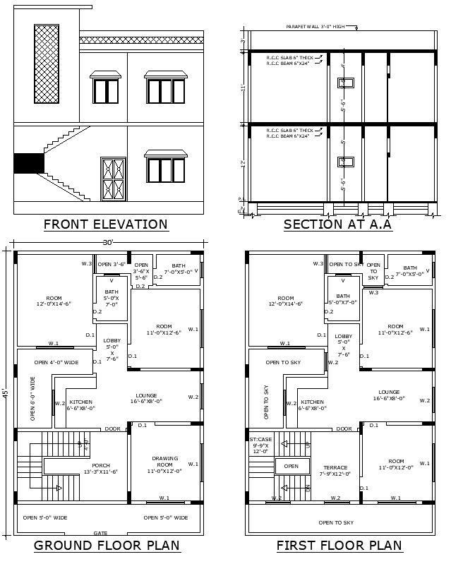 30x45 Single Storey House Plan in AutoCAD DWG Format