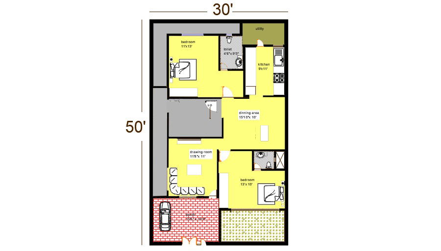 30'x50' 2 BHK House Plan AutoCAD Layout