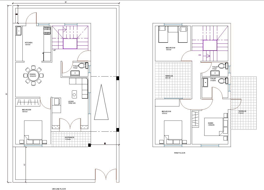 30' x 50' Double Storey Residence With Four Bedrooms Architecture DWG. File.