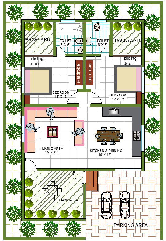 30' x 50' East Facing House Plan With Interior Design And Dimension detail in Dwg file.