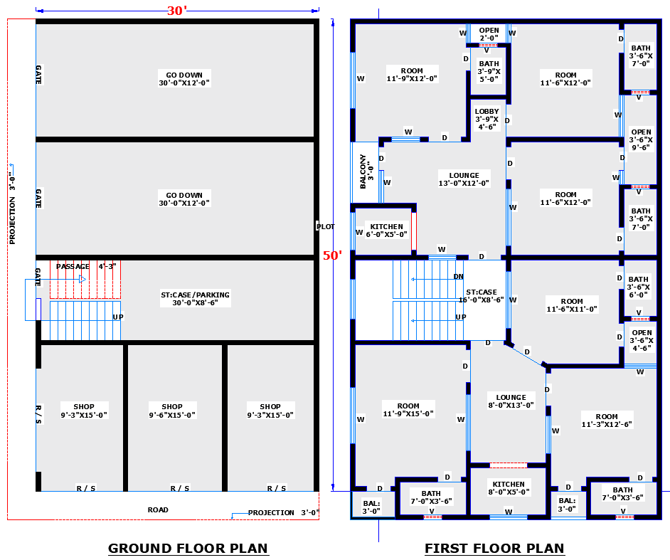 30×50 Residential and Commercial Building CAD Layout plan
