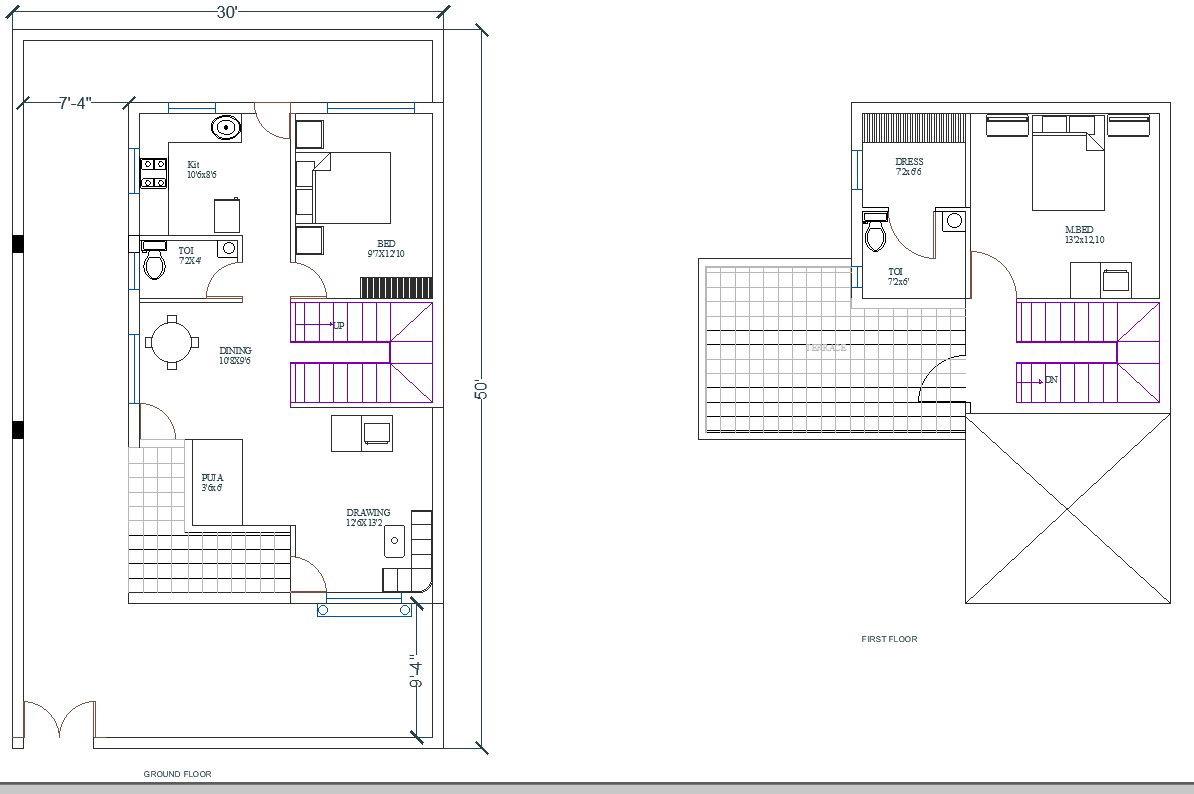 30' x 50' South Facing Ground Floor And First Floor Plan AutoCad DWG.FIle.