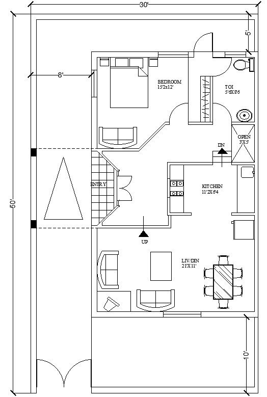 30' x 50' South Facing House Plan With Furniture Dwg File