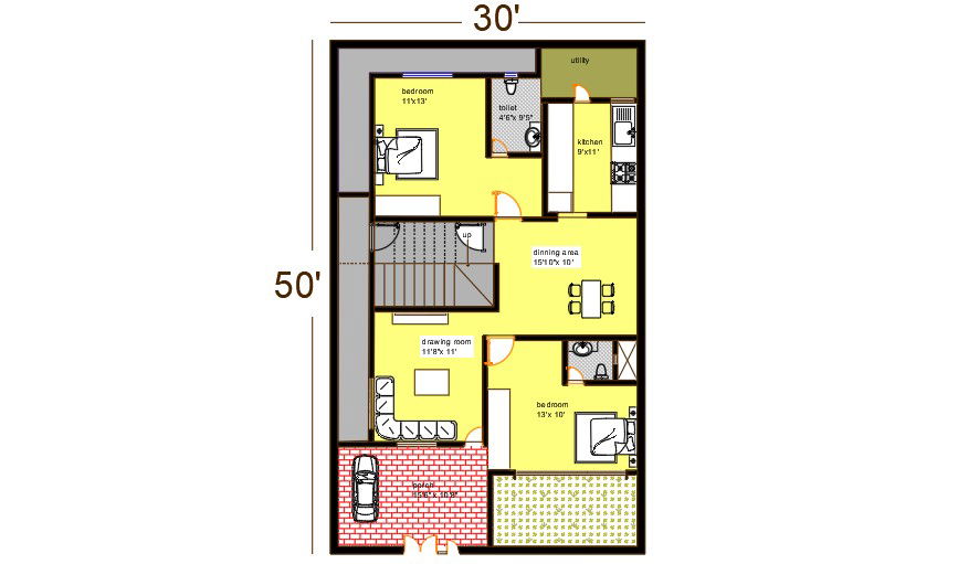 30'x50' house plan with furniture