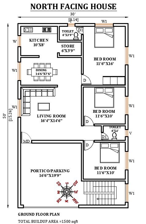 30’x50’ north facing house plan is given in this Autocad drawing file. Download now.
