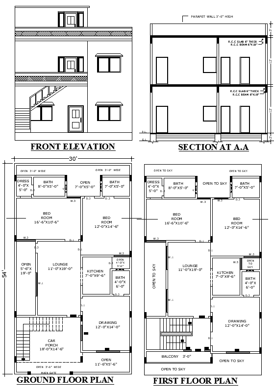 30x54 Two-Story House Plan with Porch in AutoCAD Format