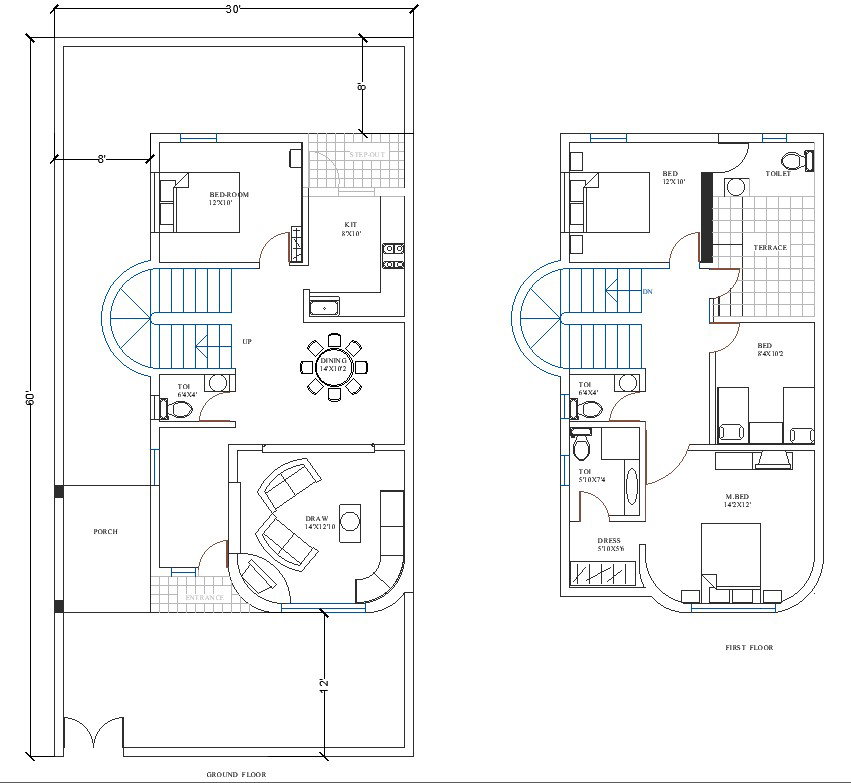 30' x 60' 4 BHK House plan With Porch Area Architecture Cad File.