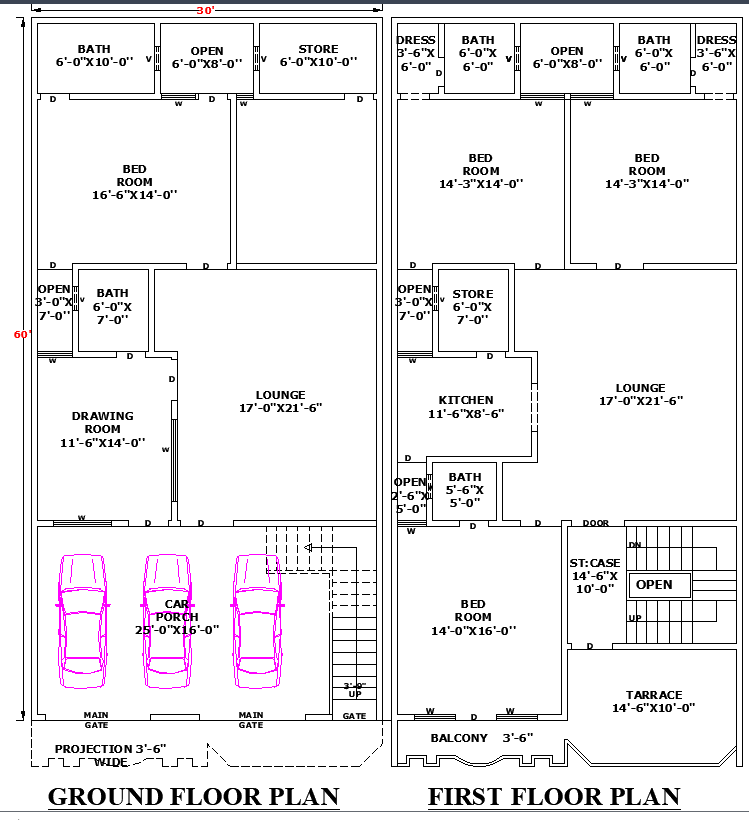 30x60 Single Storey House Plan in DWG AutoCAD File with Full Layout