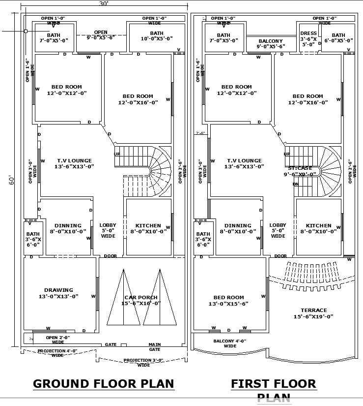 30x60 Architectural Residential Plan With AutoCAD DWG Layout Plan