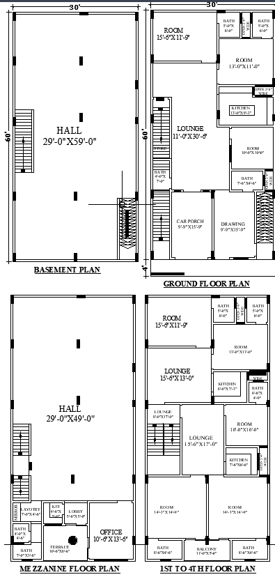 30x60 Commercial Residential DWG Plan with Floor Layout