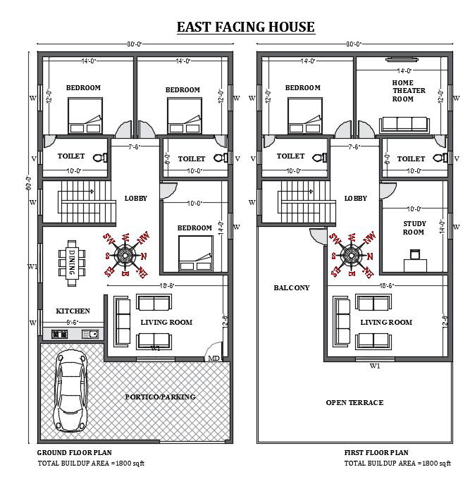 30’x60’ East facing house plan is given in this Autocad drawing file. Download now.