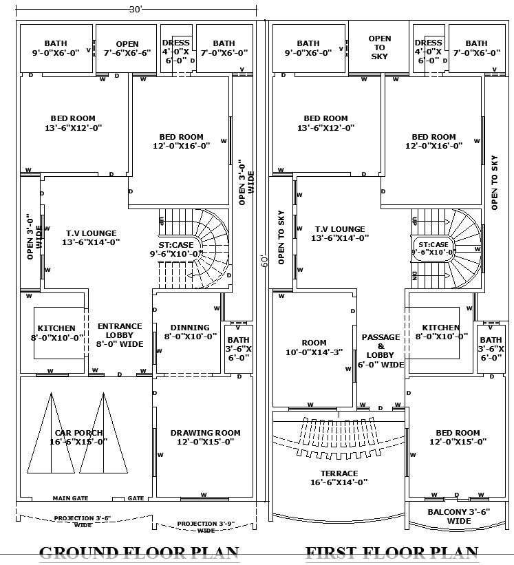 30x60 Residential Architectural Layout Plan in DWG CAD Format