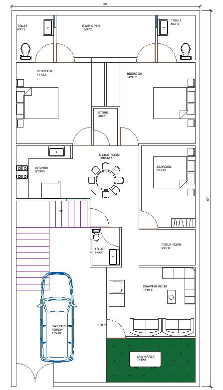 30' x 60' House PLan with Lawn Area Architecture CAD 2D FIle.