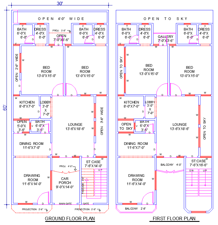 30'x60' House Plan AutoCAD DWG with 4 Bedrooms & Parking
