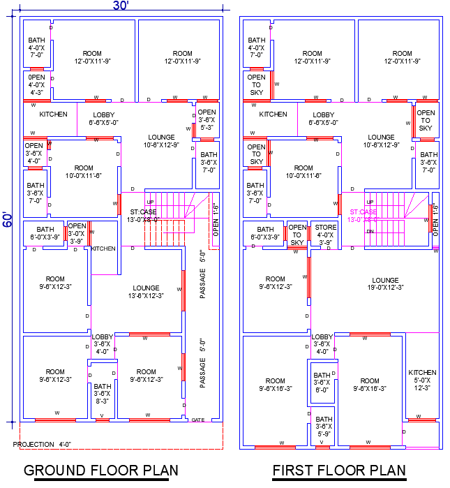 30x60 House Plan CAD Drawing File with 12 Bedrooms and 4 Lounges