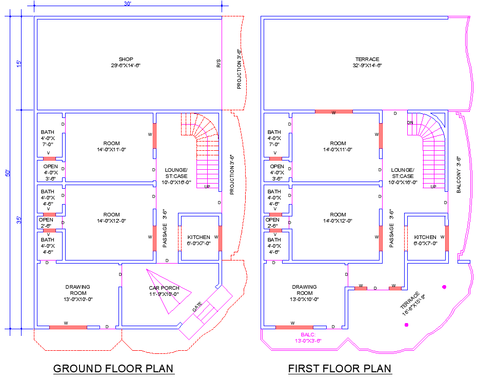 30x60 Residential Floor Plan CAD File with 4 Bedrooms and Terraces