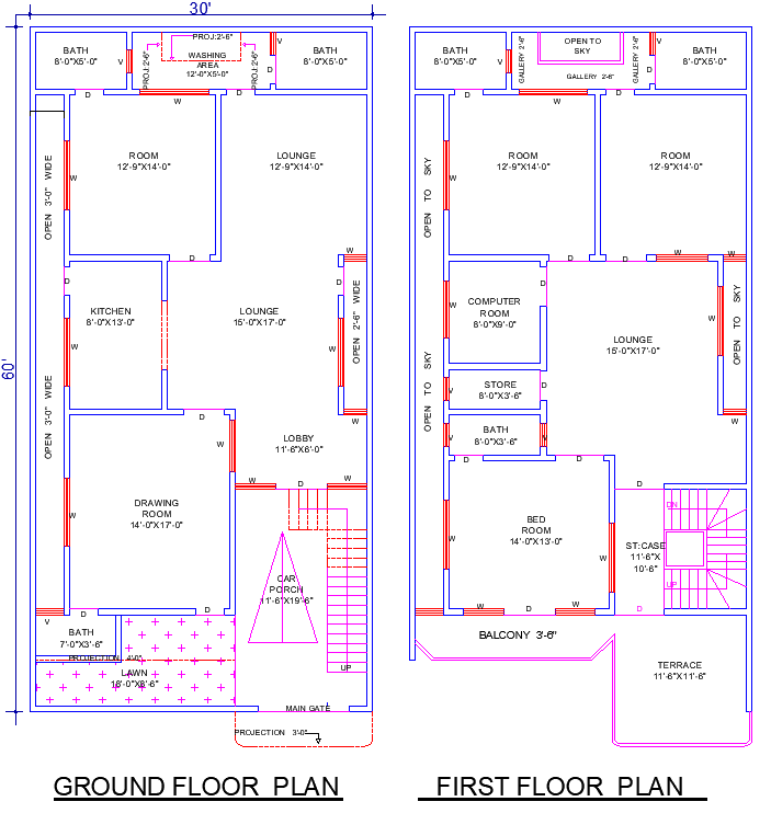 30x60 House plan DWG File with 4 Bedrooms and Balcony Layout