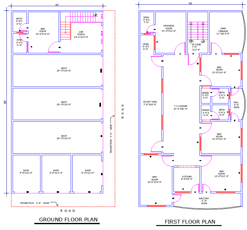 30x60 House Plan DWG File with 5 Bedrooms, Lounges and Shops Layout