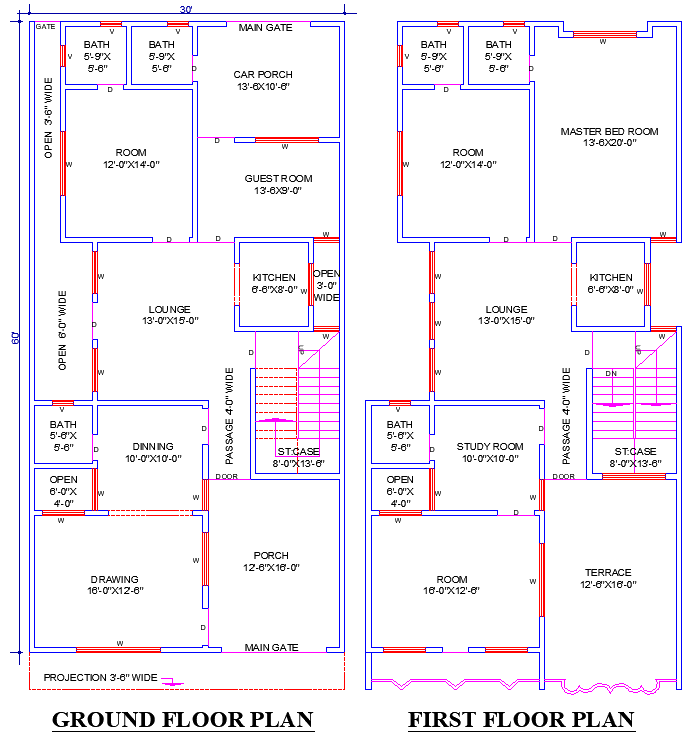 30x60 House Plan DWG with 5 Bedrooms and Study Room Layout Design