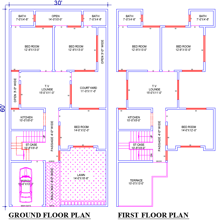 30x60 Residential CAD Drawing with 6 Bedrooms and Courtyard Layout