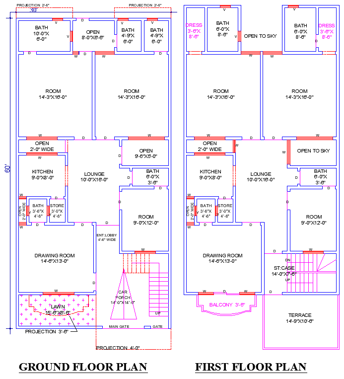 30x60 house plan DWG showing six bedrooms and terrace design layout