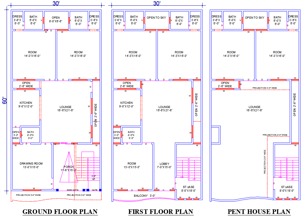 House Drawing File 30x60 with 7 Bedrooms and 4 Lounges CAD Design Plan